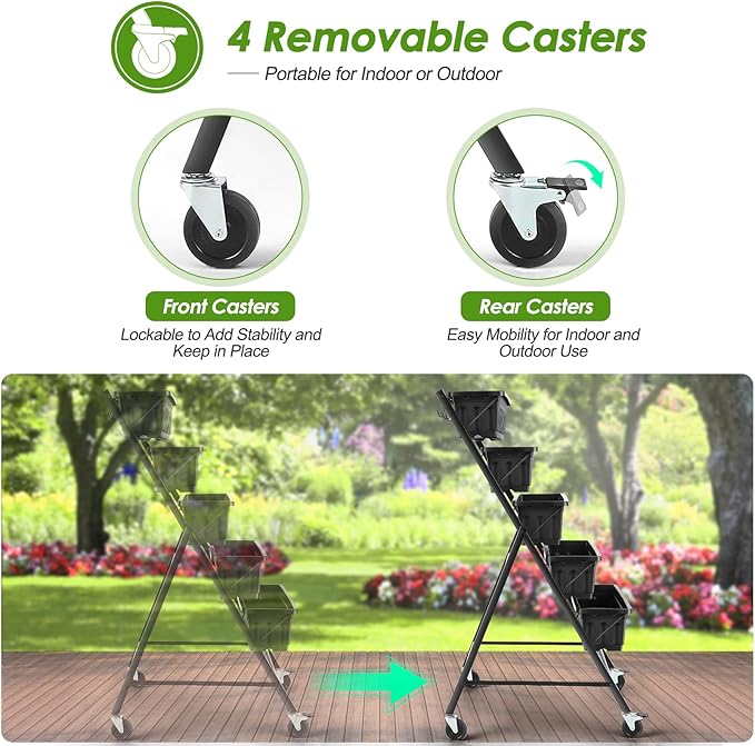 Homdox 4FT Vertical Garden Bed, 5 Tiers Raised Garden Planter, 25.6 * 26 * 48Inch with 4 Hooks & 4 Wheels, Vegetable Flower Stand for Garden Patio Yard, Black