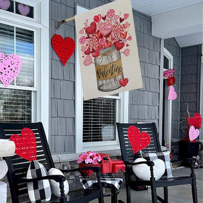 CROWNED BEAUTY Valentines Day House Flag 28x40 Inch Double Sided Large Burlap Holiday Mason Jar Floral Pink Flag for Outside Yard CF1212-40