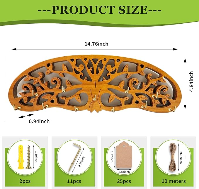 Rustic Herb Drying Rack Hanging,Wooden Tree of Life Dried Herb Flowers Rack Wall Art,Home Kitchen Witch Decor Wall Flowers Grass Gift,with 11 Hooks and 25 Gift Cards & 40 Inch Twine