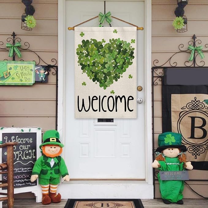 AVOIN colorlife St Patricks Day House Flag 28x40 Inch Double Sided Outside, Lucky Clover Shamrock Welcome Holiday Yard Outdoor Flag