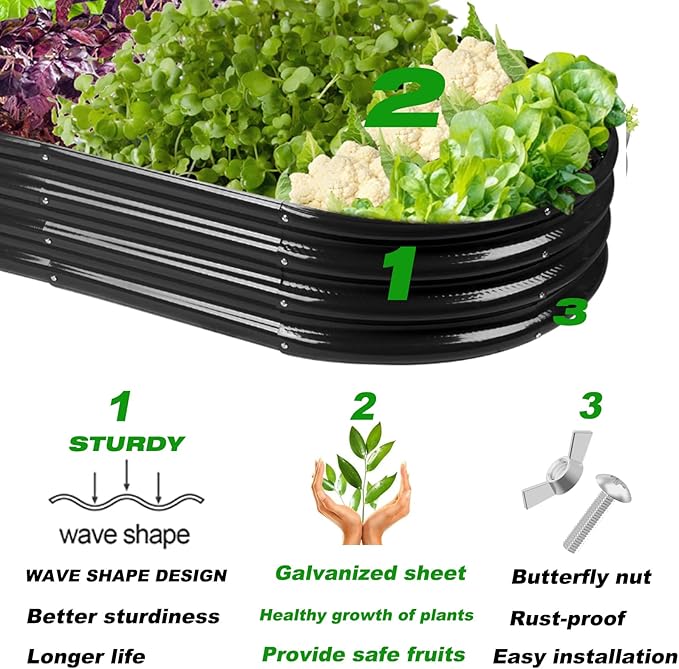 Raised Garden Bed GRS Certified Galvanized Planter Box Outdoor, 5ft Oval Rot-Resistant Metal Garden Bed Planter, Recycled Eco-Friendly Material Planter for Vegetables Flowers Herbs (Black)