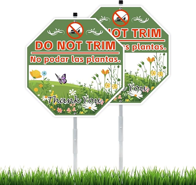 2 Pack 10" x 28" Do Not Trim Yard Signs with Stake and Accessories, Rust Free Aluminum Composite, Bilingual Garden Metal Do Not Mow Signs for Outdoor Lawn