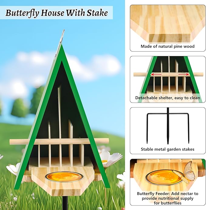 New Butterfly House and Feeder for Outside, Wooden Butterfly House with Metal Stake for Garden, Natural Butterfly Habitat with Butterfly Puddler on The Floor or Hanging on Tree Wall