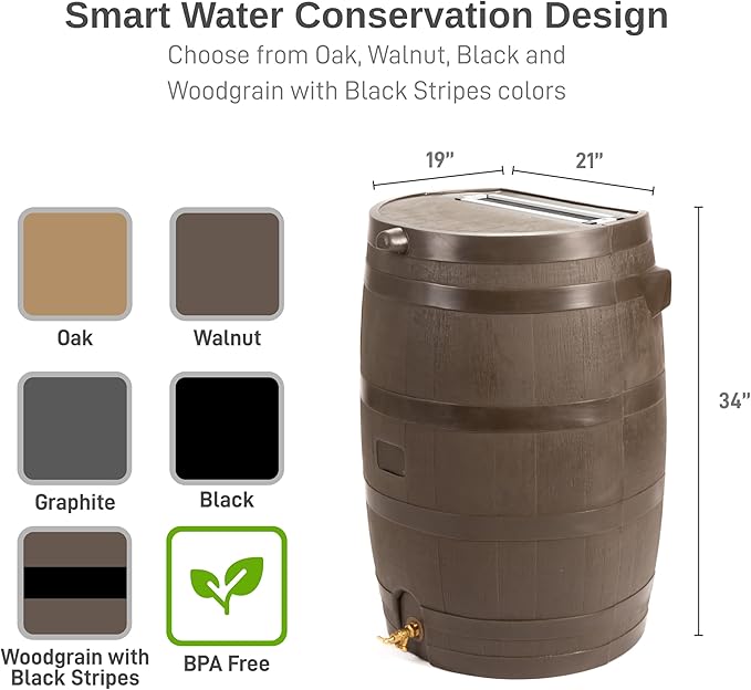 RTS Home Accents 50-Gallon Rain Barrel with Link Kit, Flat Back Rain Water Collection Barrel, Link Kit Included, Walnut Color (2 Pack)