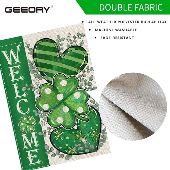 GEEORY St Patricks Day Garden Flag 12.5 x 18 Inch, Shamrock Hearts Welcome Double Sided Decorative Flag For Outside Yard Lawn Decoration GB009-12