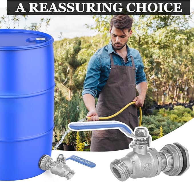 Rain Barrel Spigot Kit High Flow Water Barrel Faucet 1/2"NPT to 3/4"GHT 304 Lead-Free Compliant Stainless Steel Faucet for Rain Barrels,Rain Barrel Quarter Turn Spigot with Bulkhead Fitting
