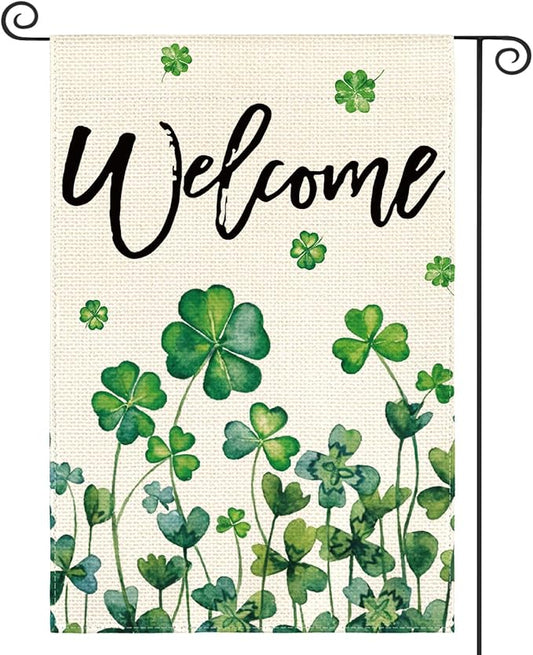 AVOIN colorlife St Patricks Day Garden Flag 12x18 Inch Double Sided Outside, Shamrocks Four-leaf Clovers Welcome Yard Outdoor Flag