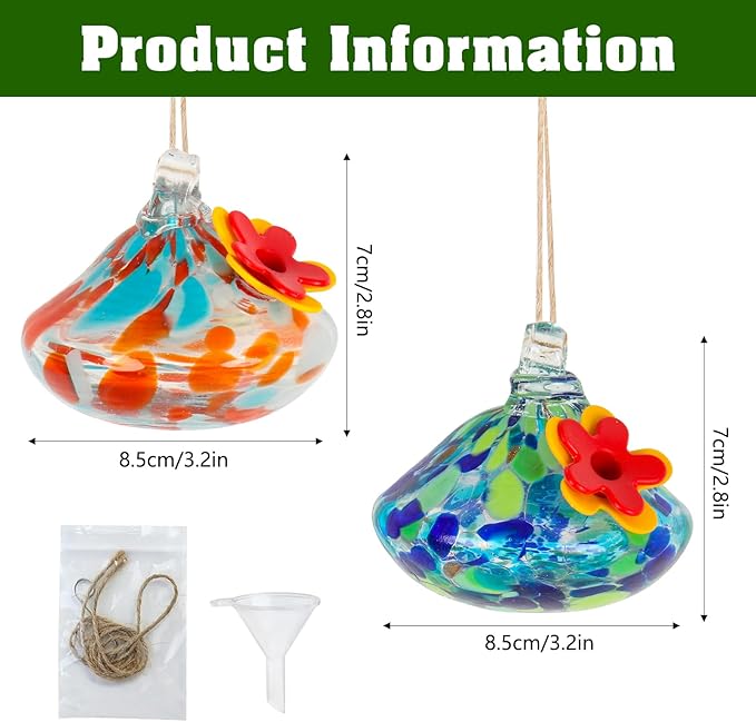 2 Pcs Blown Glass Hummingbird Feeder for Outdoors Hanging, Ant & Bee Resistant Window Bird FeederHandmade Garden Decor Gift for Women - Small Round Glass Feeders Bundle