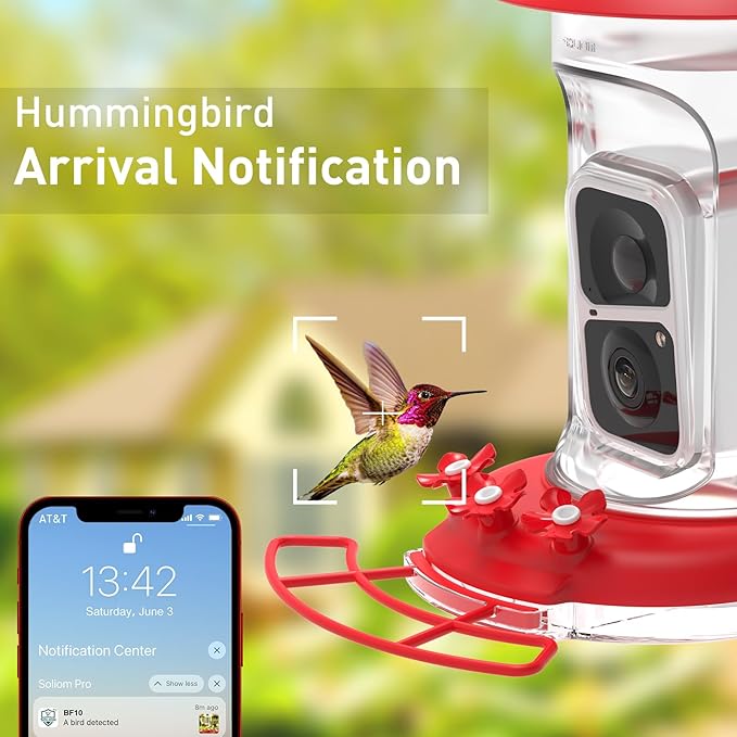 Soliom Hummingbird Feeder with Camera, Smart Feeder Camera with 2K Live View AI Identify, Leak Proof&Ant Moat&Bee Proof, Outdoor Pole/Hook Hanging, Ideal Gift for Family, 16 OZ Red