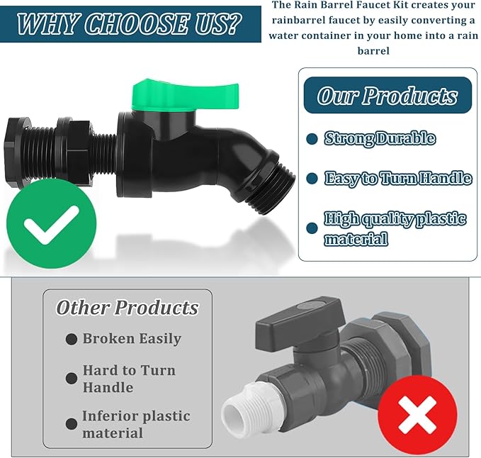 Plastic Rain Barrel Spigot Kit High Flow Water Barrel Faucet 1/2"NPT to 3/4"GHT Rain Barrel Valve with Bulkhead Fitting for Outdoor Plastic Bucket Garden Barrels