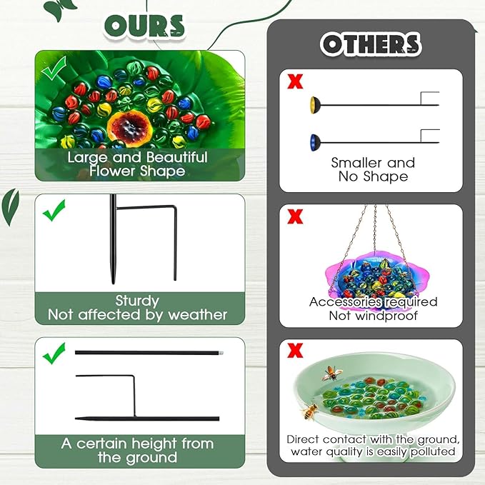 Tandefio Vivid Flower Bee Watering Station Metal Butterfly Water Feeder with 30 Colorful Glass Marbles Bee Feeder Butterfly Bath Bowl for Garden Outdoor Yard Decors(Green,Flower)