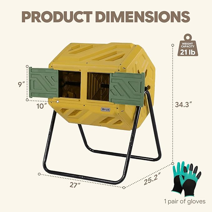 Updated 43 Gallon Dual-Chamber Compost Bin, Fast Assembly Outdoor Compost Tumbler, Rotating Batch Composter Bin with Gloves for Garden, Kitchen, and Yard