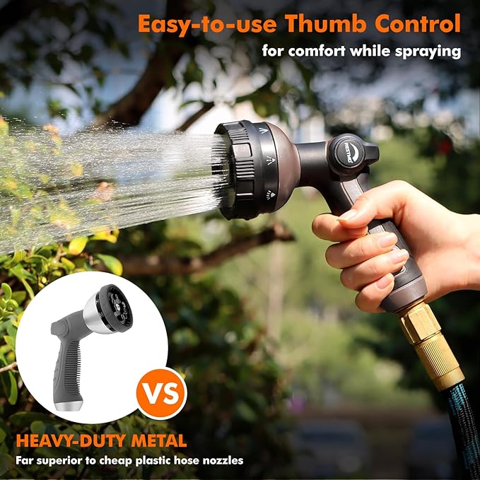 RESTMO Full Shower Hose Nozzle, Metal Spray Nozzle for Garden Hose, 8 Spray Patterns, Water Hose nozzle with Thumb Control, Ideal for Outdoor Lawn & Plant Watering, Car & Pet Washing, Brown