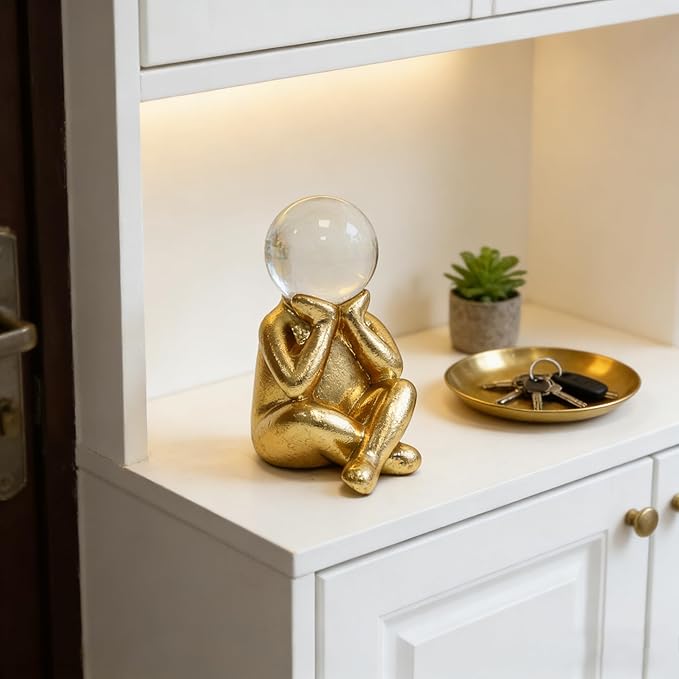 Golden Thinker Statue with Crystal Ball, 4.72” Tall Resin Abstract Figurine, 3.54" L x 2.36" W, Modern Home Decor for Shelf, Desk, Mantel & Office Accent (People)