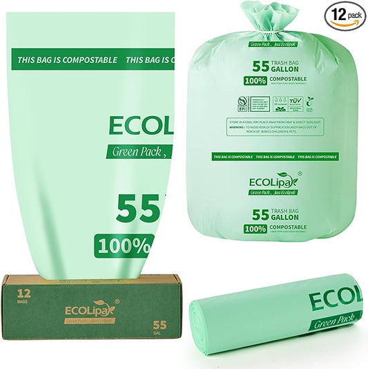 ECOLipak 55 Gallon Compostable Trash Bags, 12 Count Heavy Duty Extra Thick 1.57 Mil, 208.2 Liter Large Garbage Bags for Commercial/Lawn/Yard/Restaurant, US BPI ASTM D6400 and OK Compost Home Certified