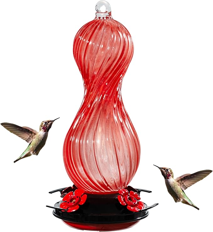 Hummingbird Feeder for Outdoors Hanging, Hand Blown Glass 24 OZ Capacity Hummingbird Bird Nectar Feeders with 4 Feeding Ports, Gifts for Women Mom Outside Garden Backyard Decor