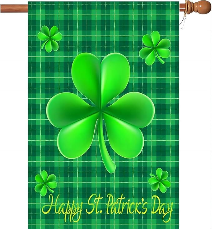 WENWELL St. Patricks Day Garden Flag 28 x 40 Inches Double Sided,Green with Cuff,Happy Saint Patrick's Day Shamrock House Banner for Home,Office,School,Yard,Party Decorations