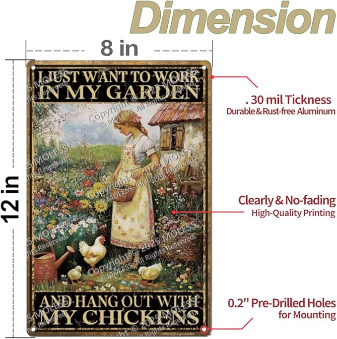 Funny Garden Sign – I Just Want to Work in My Garden and Hang Out with My Chickens | 12x8″ Vintage Metal Sign for Outdoor Decor - Gardening Gift for Women Chicken & Plant Lovers, 2486