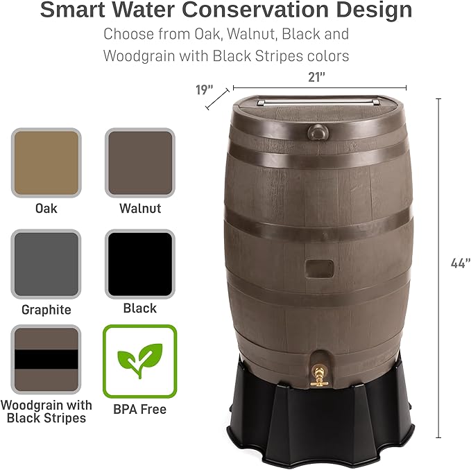 RTS Home Accents 50-Gallon Rain Barrel, Flat Back Rain Water Collection Barrel, Stand and Link Kit Included, Walnut Color (2 Pack)