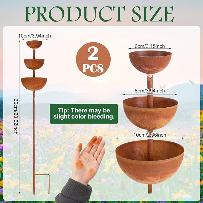 LemonRoad 2 Pack Rusty Metal Bee Watering Station 3 Tiered Bowl Shaped Butterfly Water Feeder Bee Bath Water Catcher Cup Garden Stakes for Small Insects Outdoor Garden Decor(Brown,Bowl)
