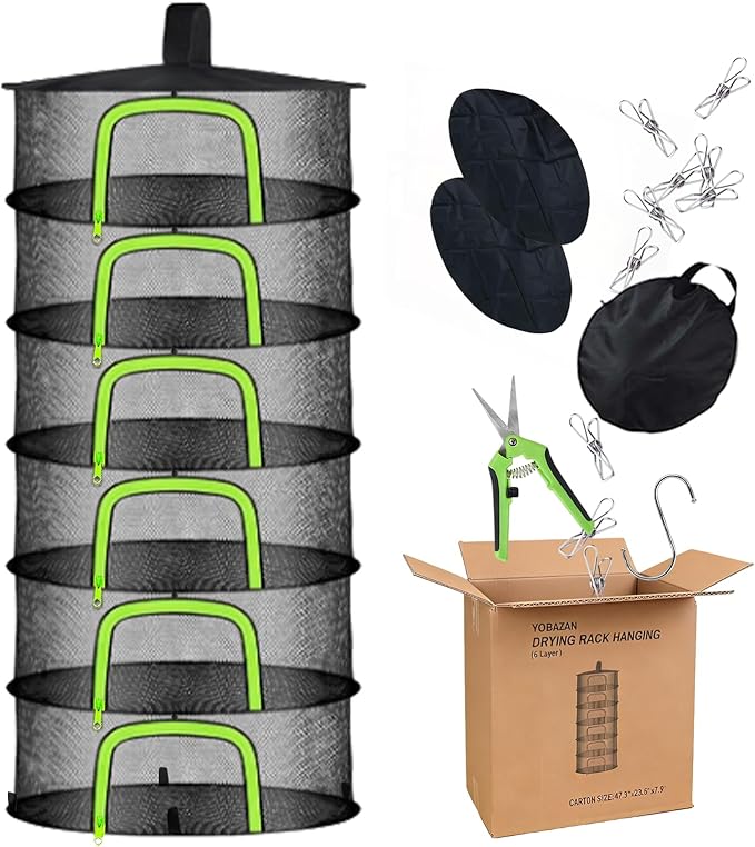 Herb Drying Rack Hanging Mesh Net - 6 Tier plant drying rack Foldable Design with U-Zipper, Bonus Pruning Shears & Plant Hooks for Garden Herbs, Vegetables, Fruits, Flowers & Dried Foods (23.62")