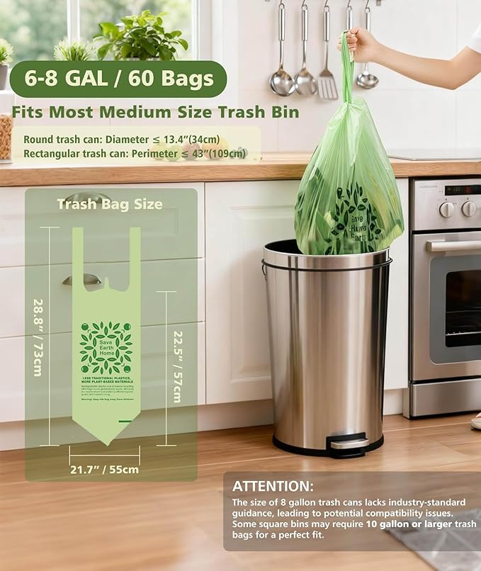 6-8 Gallon kitchen Trash Bags With Handle Tie 60 Packs, AYOTEE Medium TrashBags 8 Gallon Compost Bag 30L For Kitchen Trash Cans, Certified By ASTM D 6866 Unscented Bag for Compost Bin Green