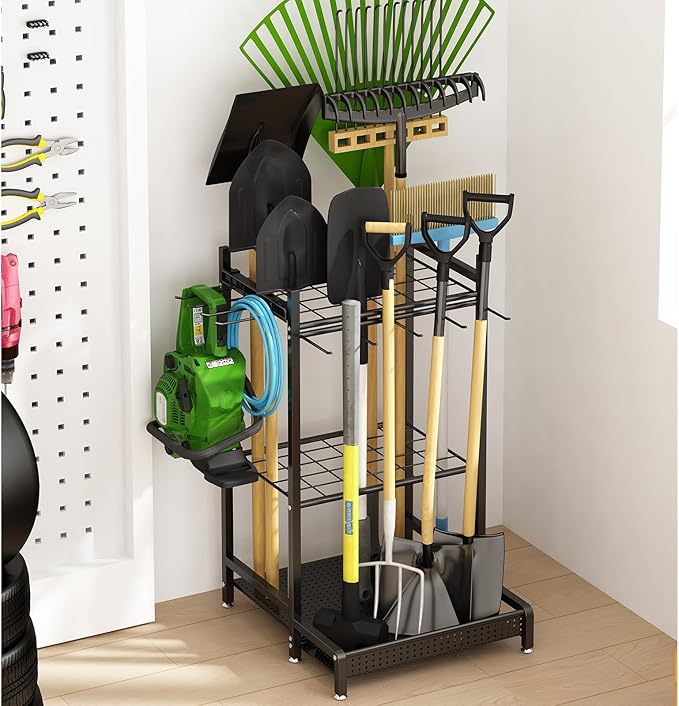 GILLAS Garden Tool Organizer for Garage, Utility Storage Racks with Hooks, Metal Yard Tool Stand Holder Organizer for Long-Handled, Broom, Shovel, Rake, Sturdy Heavy Rack for Outdoor, Yard, Black
