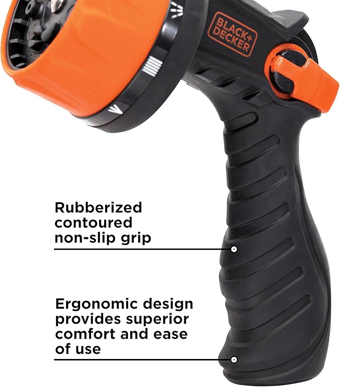 Black + Decker® Heavy-Duty 10-Pattern Poly Thumb Control Nozzle – Ergonomic, Versatile, Precision Garden Hose Attachment BD8439