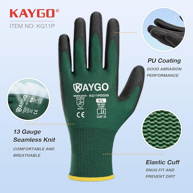 KAYGO Work Gloves for Men and Women,12 Pairs Seamless Knit PU Coated Safety Gloves, with Smooth Grip on Palm and Fingers, Ideal for Light Warehouse, Manufacturing, Gardening, KG11P (M,Dark Green)