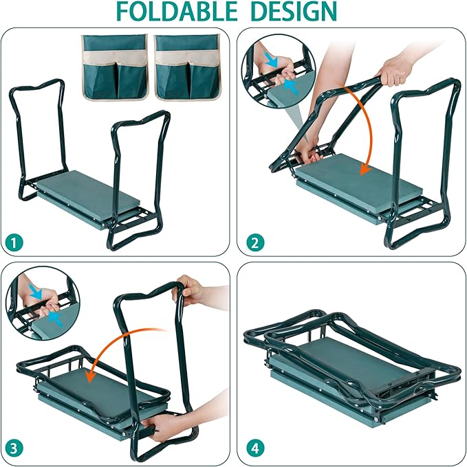 Smartxchoices 8" Wide Garden Kneeler Seat, Folding Garden Bench Stool with Two Tool Multi-use Pouches, Heavy Duty Yard Gardening Chair with Soft Kneeling Pad, Green