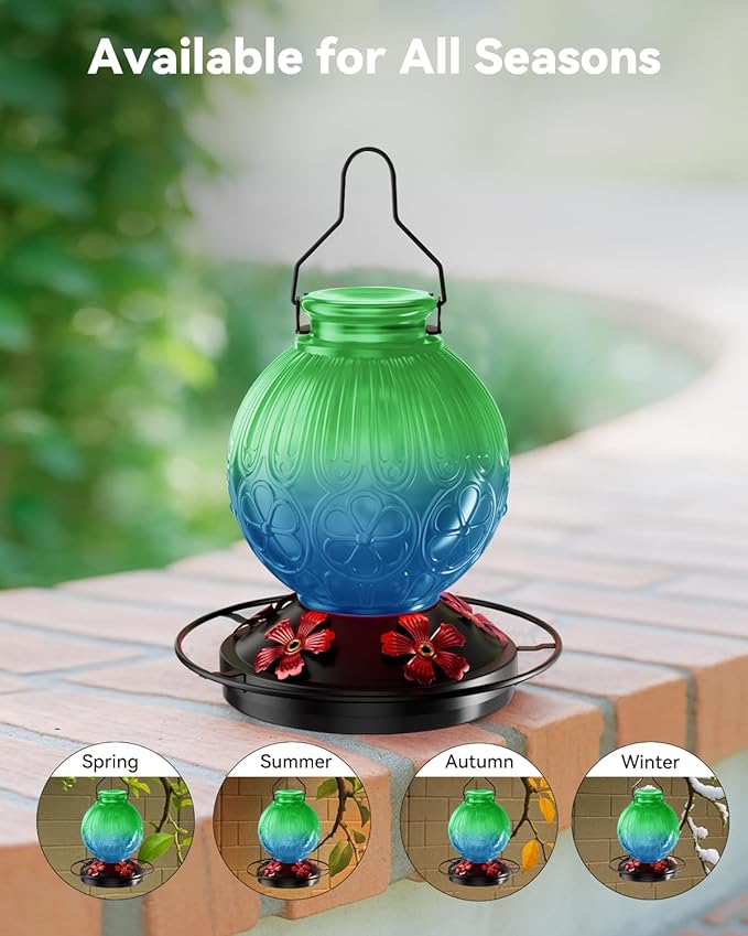 26Oz Hummingbird Feeder for Outdoors, Vintage Glass Bird Feeder with Perch, Durable & Easy to Clean, Hanging Nectar Feeder for Garden, Yard, Deck – Gifts for Women Mom (Green)