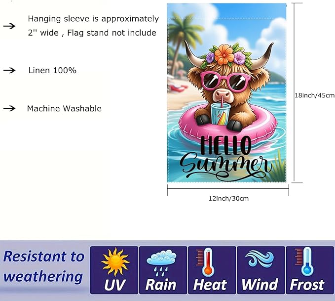 Hello Summer Highland Cow Garden Flag 12 x 18 inch Double Sided Outside Decorations,Beach Floral Cow Small Garden Flags For Outdoor Yard Lawn