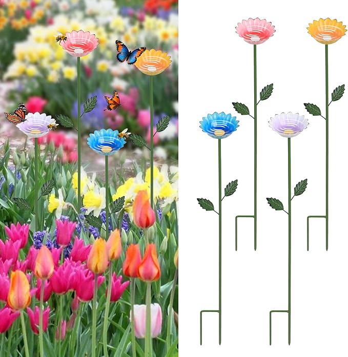 hogardeck Garden Decor for Outside, 4 Pcs 25.8" Metal Bee Watering Station, Flower Design with Stakes, Butterfly Feeder Bird Bath for Outside Yard Patio Lawn (Blue, Yellow, Pink, White)