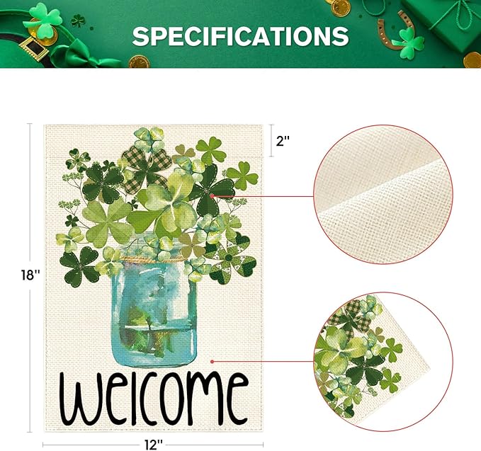 AVOIN colorlife Welcome Watercolor Lucky Clover St Patricks Day Garden Flag Double Sided, Shamrock Jar Yard Outdoor Flag 12x18 Inch