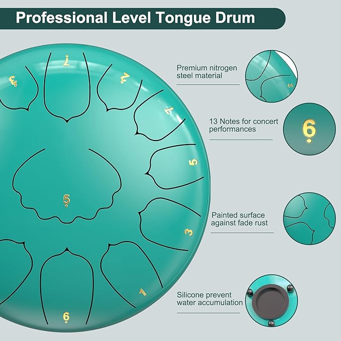 D Major Steel Tongue Drum Handpan, 12 Inch 13 Note Rain Drum for Outside Garden, Meditation Rain Chime, Musical Percussion Instrument for Adult Gift with Bag, Music Book, Drum Mallets (Lake Blue)