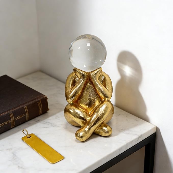 Golden Thinker Statue with Crystal Ball, 4.72” Tall Resin Abstract Figurine, 3.54" L x 2.36" W, Modern Home Decor for Shelf, Desk, Mantel & Office Accent (People)