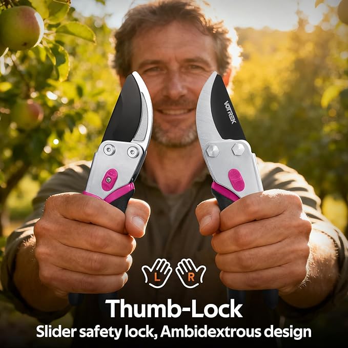 VOTREK® Pruning Shears, 8.5” Professional Garden Pruner with Jam-Proof Spring & Ever-Sharp SK5 Blade, Ergonomic Bypass Clippers for Rose, Tree, Heavy Duty Bonsai Scissor for Weak Hand