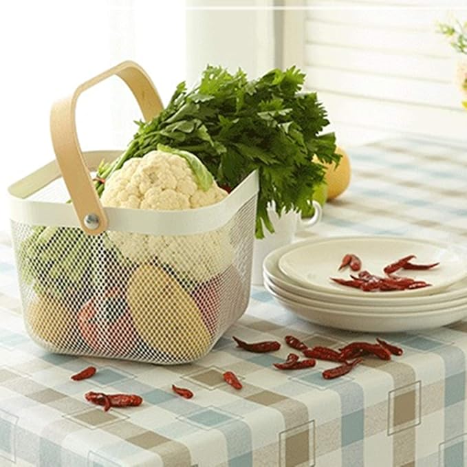Yopay Mesh Steel Fruit Basket Bin with Wood Handle, White Hanging Storage Organizer, Farmhouse Harvest Gardening Basket for Cabinets, Cupboards, Shelves, Bathroom, Picnic, Shopping