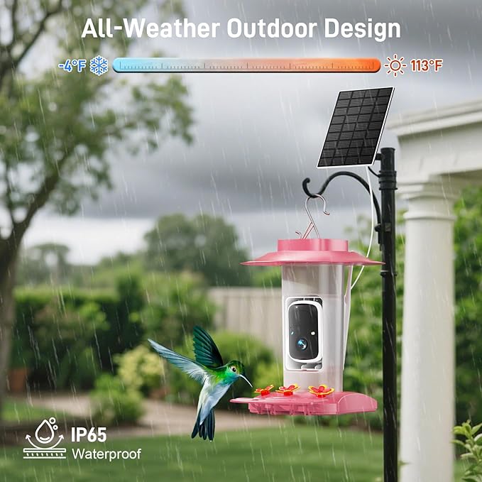 Hummingbird Feeder with Camera Outdoor, SV3C Hanging Bird Feeder with Ant Moat & Bee-Proof, HD 2K Solar Powered, AI Bird Identify, Instant App Alerts, Auto Capture, Hummingbird Lover Gifts, 21oz, Pink