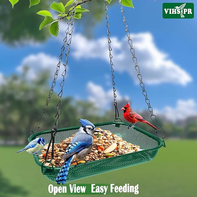 Platform Hanging Bird Feeder for Outdoors – Metal Mesh Seed Tray to Attract Wild Birds, Rectangle 12 x 8 in, Green