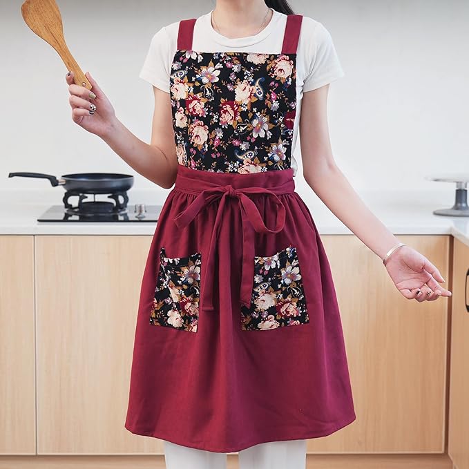 Vintage Pinafore Apron Dress for Women with Pockets Cute Floral Chef Aprons for Kitchen Cooking Baking Gardening
