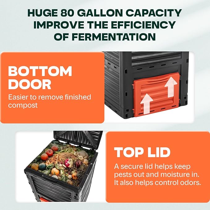 Idzo 80 Gallons Capacity Garden Compost Bin Outdoor, High-Density Polyethylene Outdoor Composter Bin with Efficient Aeration System for Quick Composting, Space-Saving