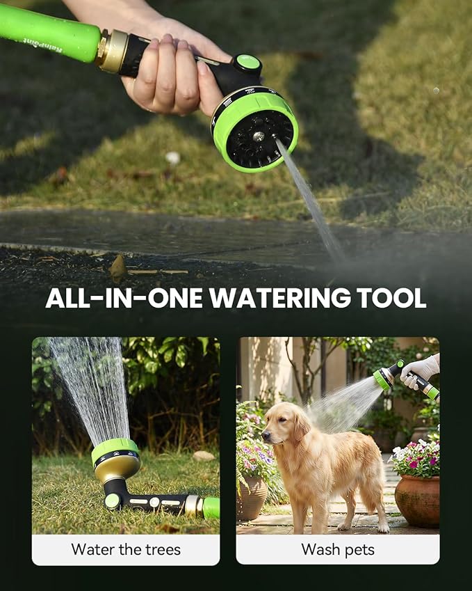 RAINPOINT Garden Hose Nozzle Heavy Duty - 100% Metal Thumb Control Spray Nozzles for Garden Hose High Pressure, 10 Patterns Water Hose Nozzle for Car Wash, Watering Lawn and Pets, Green
