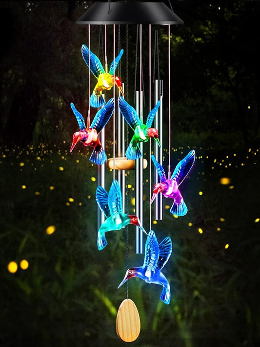 Wind Chimes,Hummingbird Solar Wind Chimes for Outside Color Changing,4 Aluminum Tubes Wind Bell for Garden/Patio Decor Thanksgiving Gifts for Mom, Wife, Grandma Neighbors(25 Inch Deep Tone)