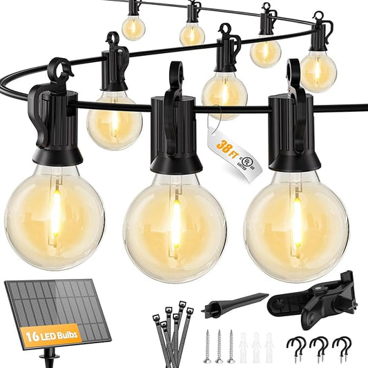 Brightown 38FT Solar String Lights Outdoor and 16 LED Shatterproof Bulbs, Dimmable & Timable, 3 Light Modes, Solar Patio String Lights Outdoor for Cafe Garden Deck Outside Wedding, No Remote Control