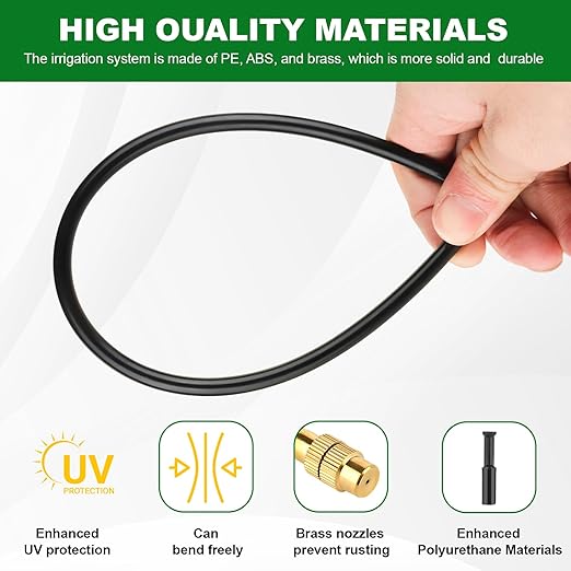 Drip Irrigation System 50FT, 1/4 inch Hose Garden Irrigation Kit with 15pcs 360° Adjustable Copper Nozzles, Upgrade Atomizing Watering System for Yard, Plants, Lawn, Greenhouses Accessories
