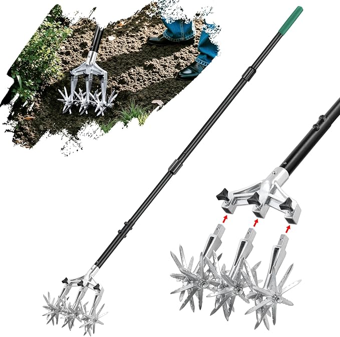 Rotary Cultivator Garden Tool for Gardening and Lawn(61''), Rotary Hand Tiller with Detachable Thicker Tines&Sturdy Steel Handle, Manual Tiller Cultivator for Soil or Reseeding Grass