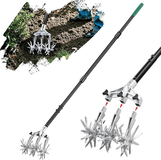 Rotary Cultivator Garden Tool for Gardening and Lawn(61''), Rotary Hand Tiller with Detachable Thicker Tines&Sturdy Steel Handle, Manual Tiller Cultivator for Soil or Reseeding Grass