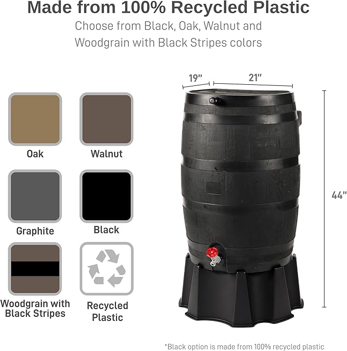 RTS Home Accents 50-Gallon ECO Rain Barrel Made with 100% Recycled Plastic, Flat Back Rain Water Collection Barrel, Stand and Link Kit Included, Black (2 Pack)