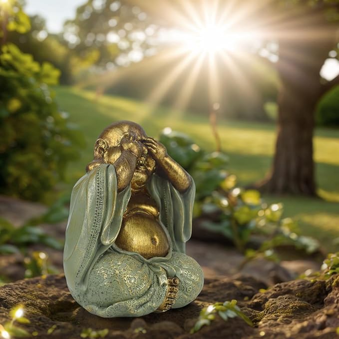 Laughing Buddha Statue - Gold Small Buddha Statues with Three Color Clothes for Home Decor (No See, No Speak, No Hear) - House Decor, Meditation & Feng Shui Gift (5.5 * 4.7 * 6.7")(Green)